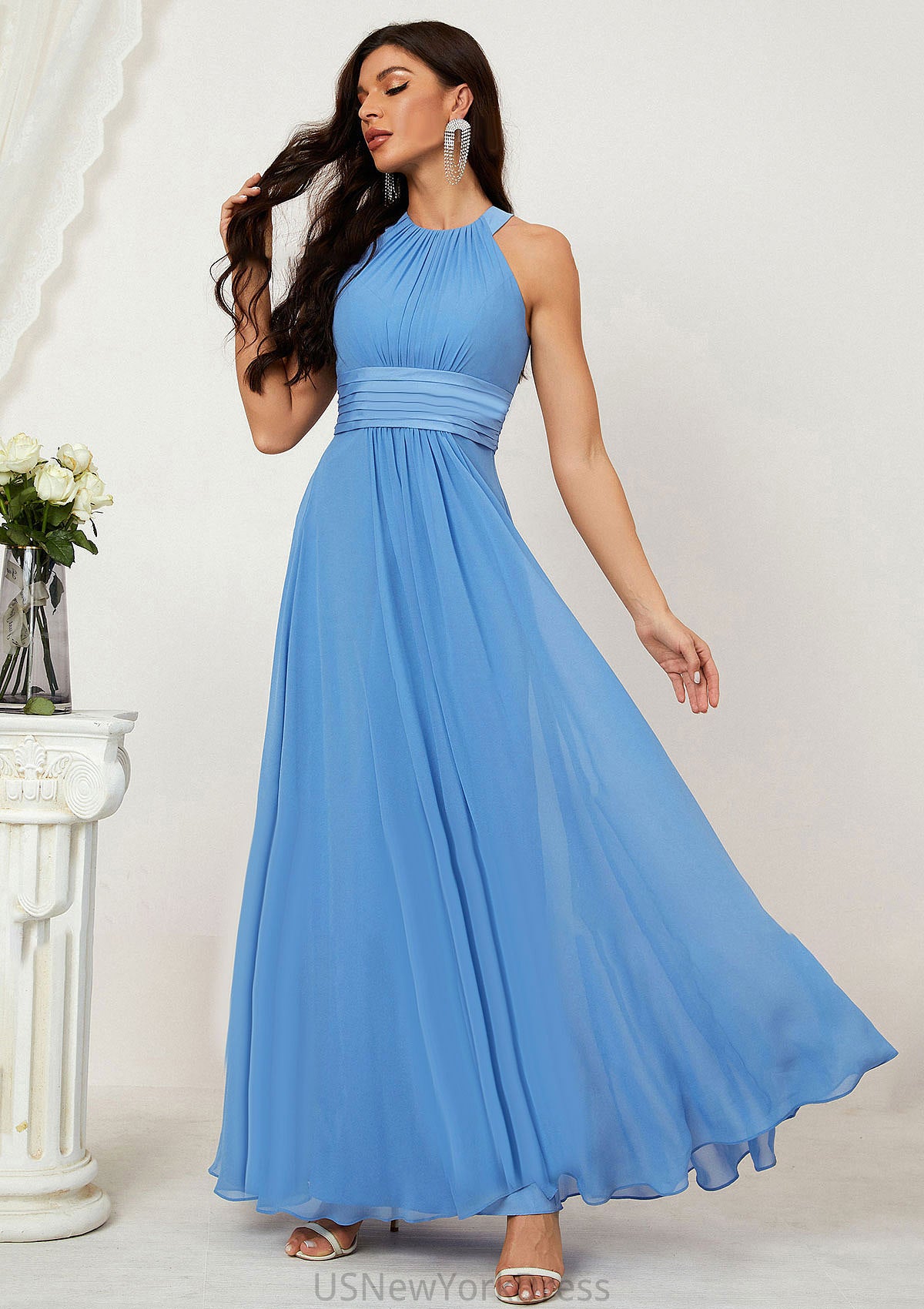 A-line Halter Sleeveless Chiffon Long/Floor-Length Bridesmaid Dresses With Pleated Destinee DJP0025610