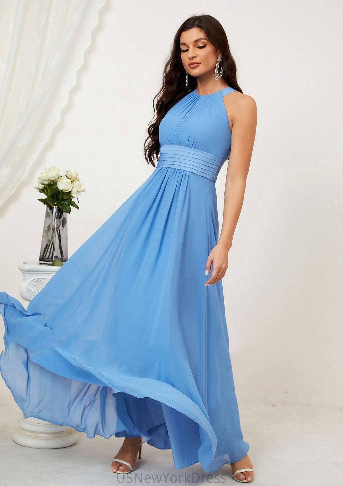 A-line Halter Sleeveless Chiffon Long/Floor-Length Bridesmaid Dresses With Pleated Destinee DJP0025610