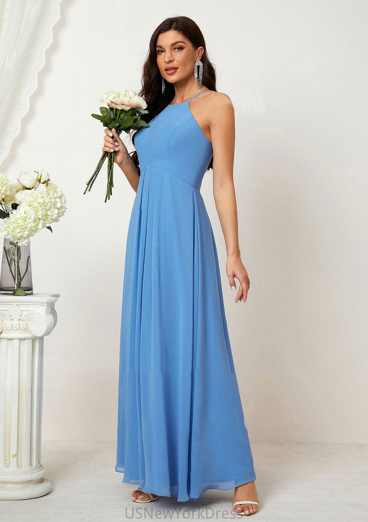 A-line Empire Halter Sleeveless Chiffon Long/Floor-Length Bridesmaid Dresses With Ruffles Virginia DJP0025611