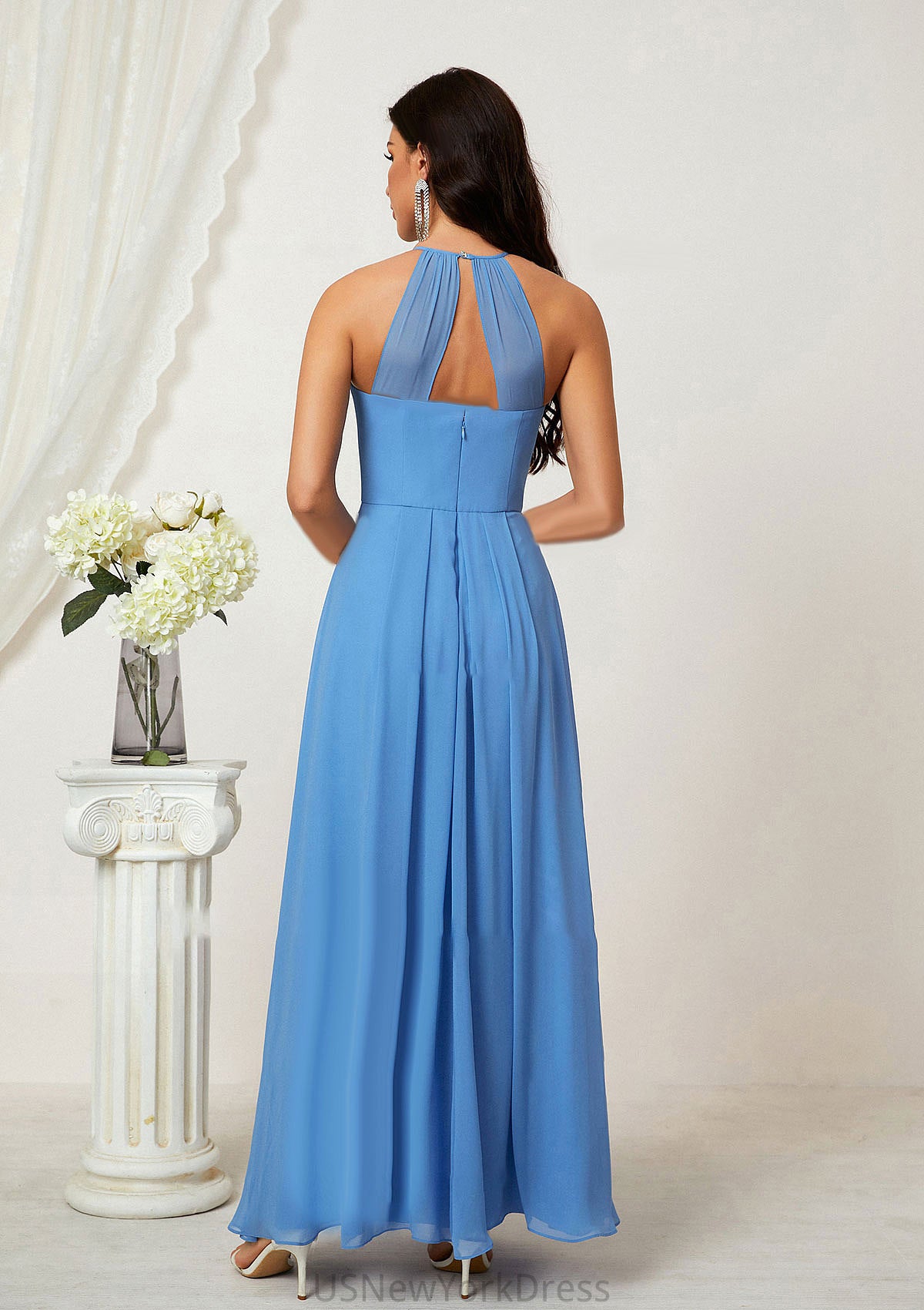 A-line Empire Halter Sleeveless Chiffon Long/Floor-Length Bridesmaid Dresses With Ruffles Virginia DJP0025611