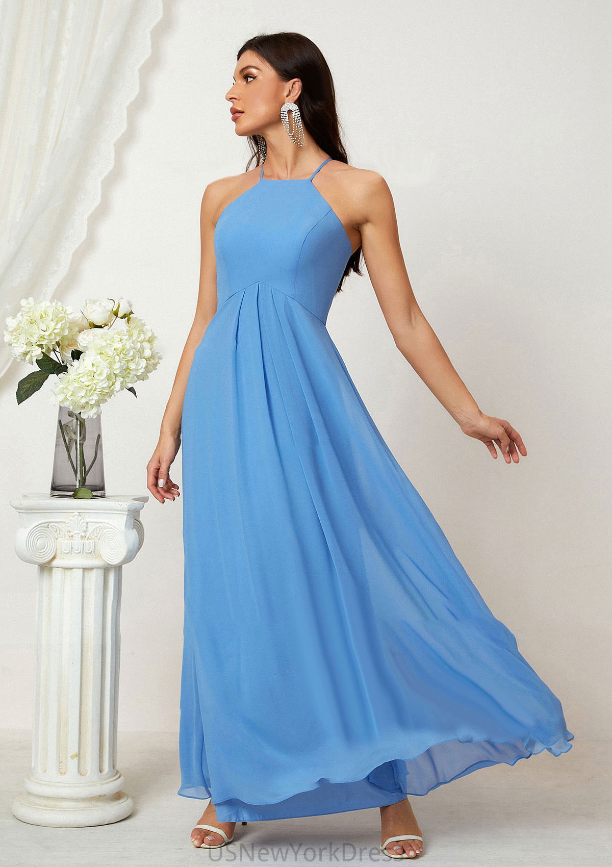 A-line Empire Halter Sleeveless Chiffon Long/Floor-Length Bridesmaid Dresses With Ruffles Virginia DJP0025611