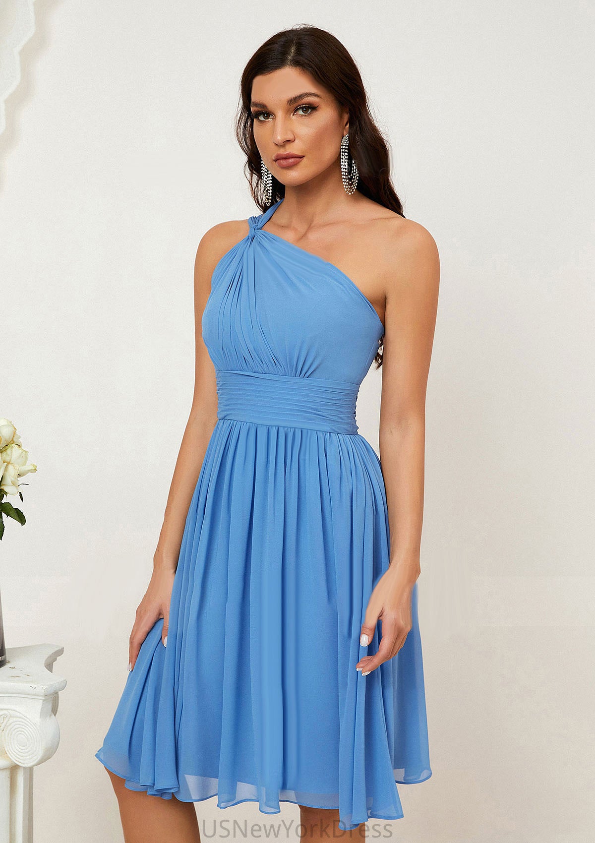 A-line One-Shoulder Sleeveless Chiffon Knee-Length Bridesmaid Dresses With Pleated Laylah DJP0025612