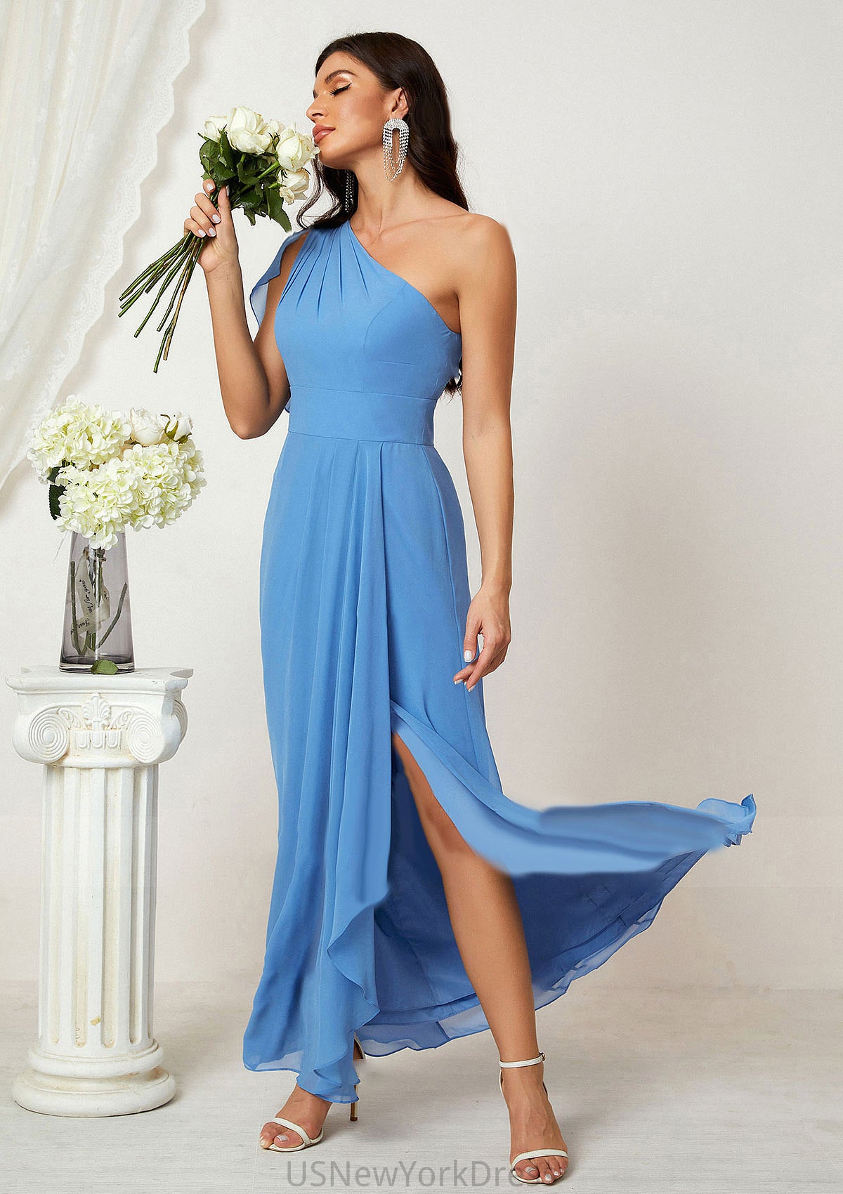 A-line One-Shoulder Sleeveless Chiffon Long/Floor-Length Bridesmaid Dresses With Pleated Split Jaylyn DJP0025613