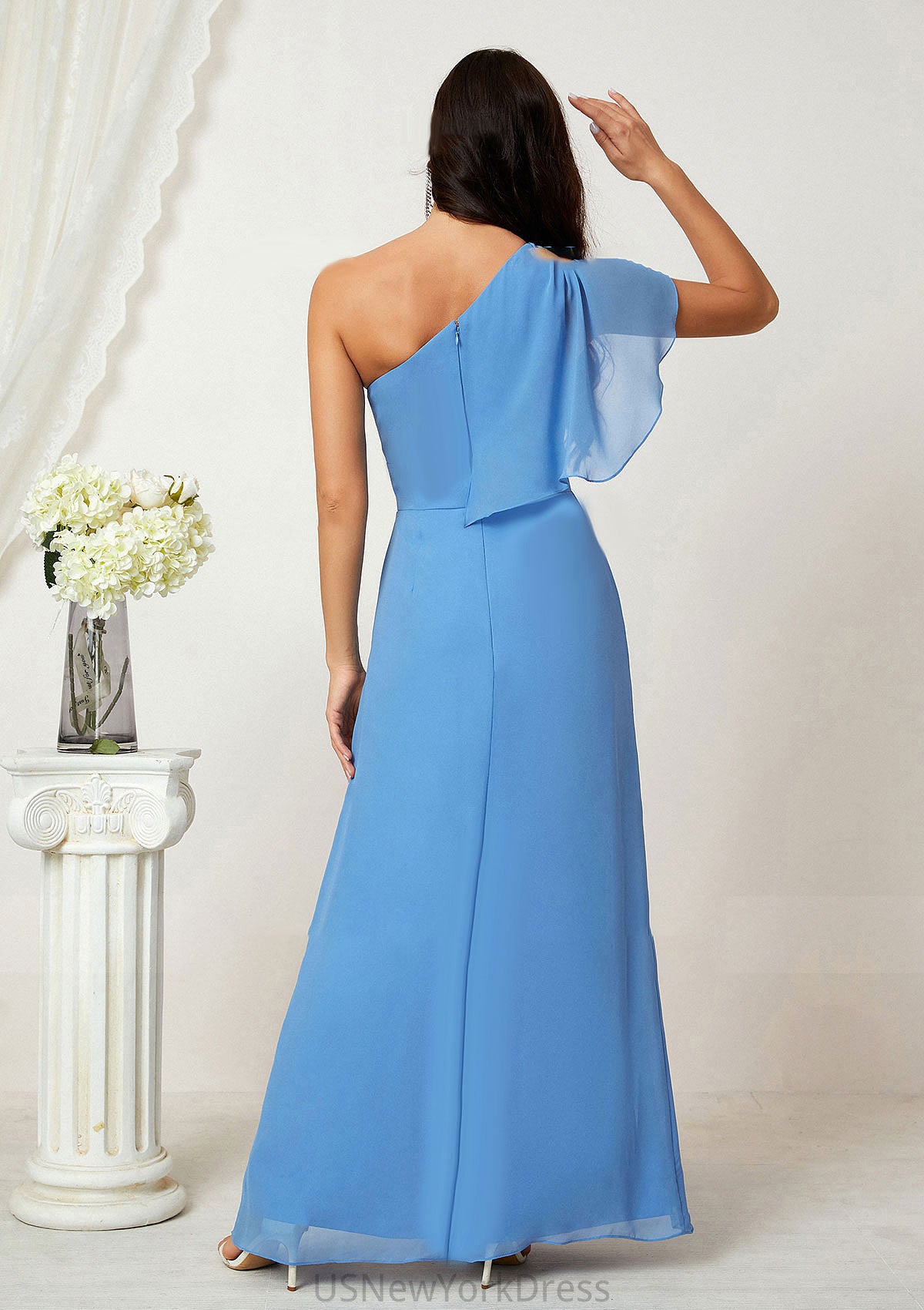 A-line One-Shoulder Sleeveless Chiffon Long/Floor-Length Bridesmaid Dresses With Pleated Split Jaylyn DJP0025613