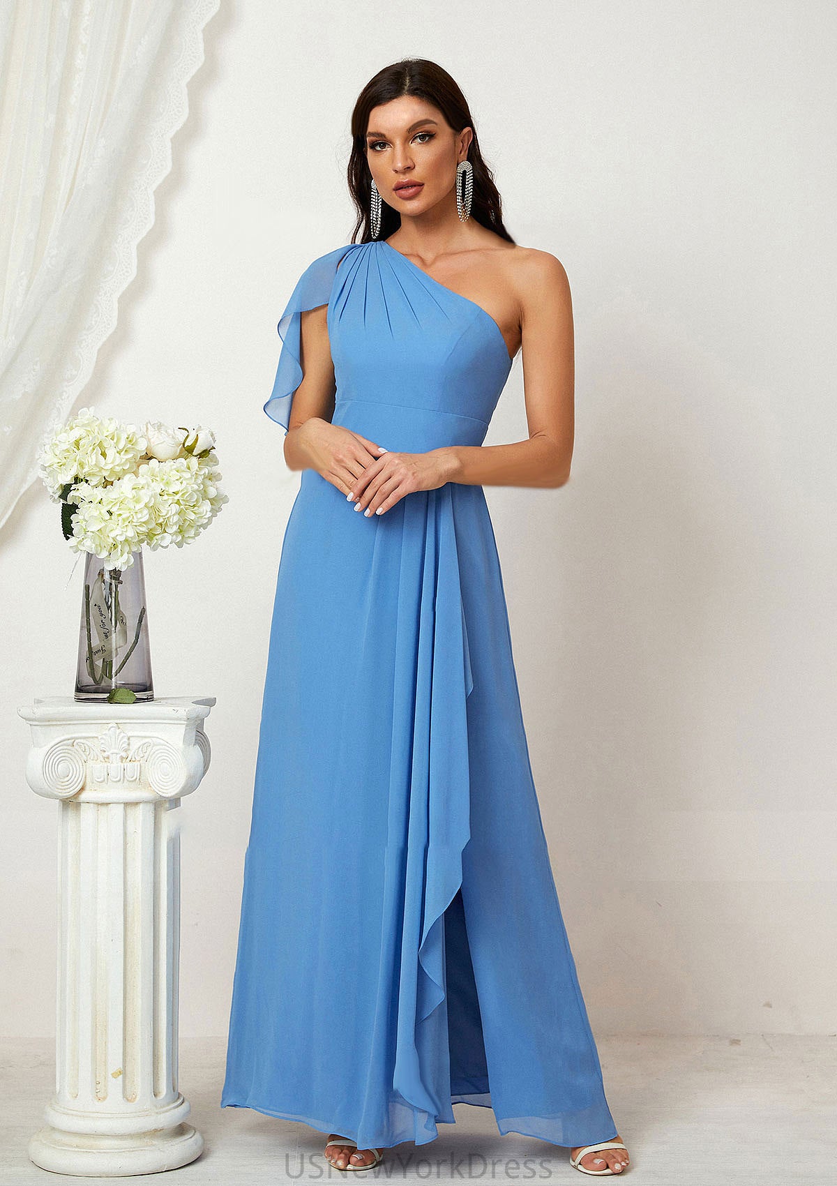 A-line One-Shoulder Sleeveless Chiffon Long/Floor-Length Bridesmaid Dresses With Pleated Split Jaylyn DJP0025613