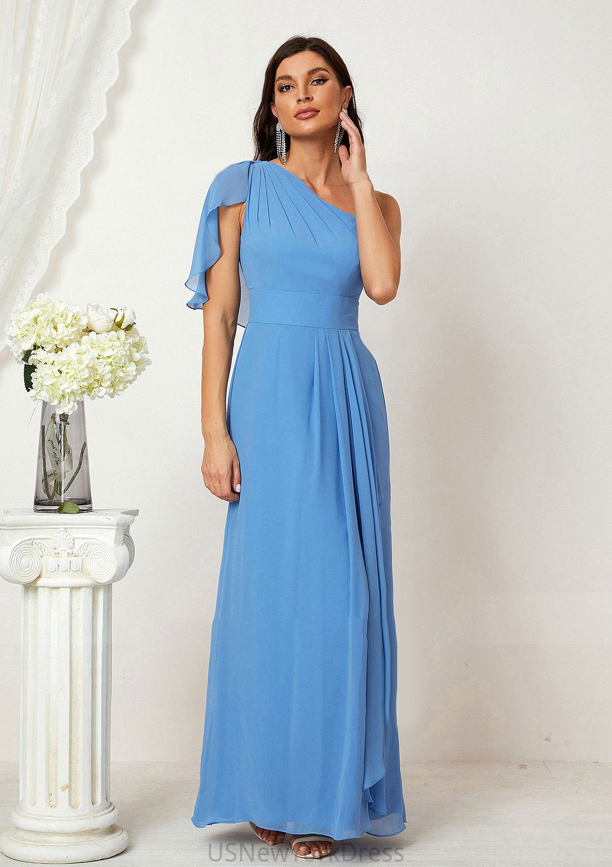 A-line One-Shoulder Sleeveless Chiffon Long/Floor-Length Bridesmaid Dresses With Pleated Split Jaylyn DJP0025613