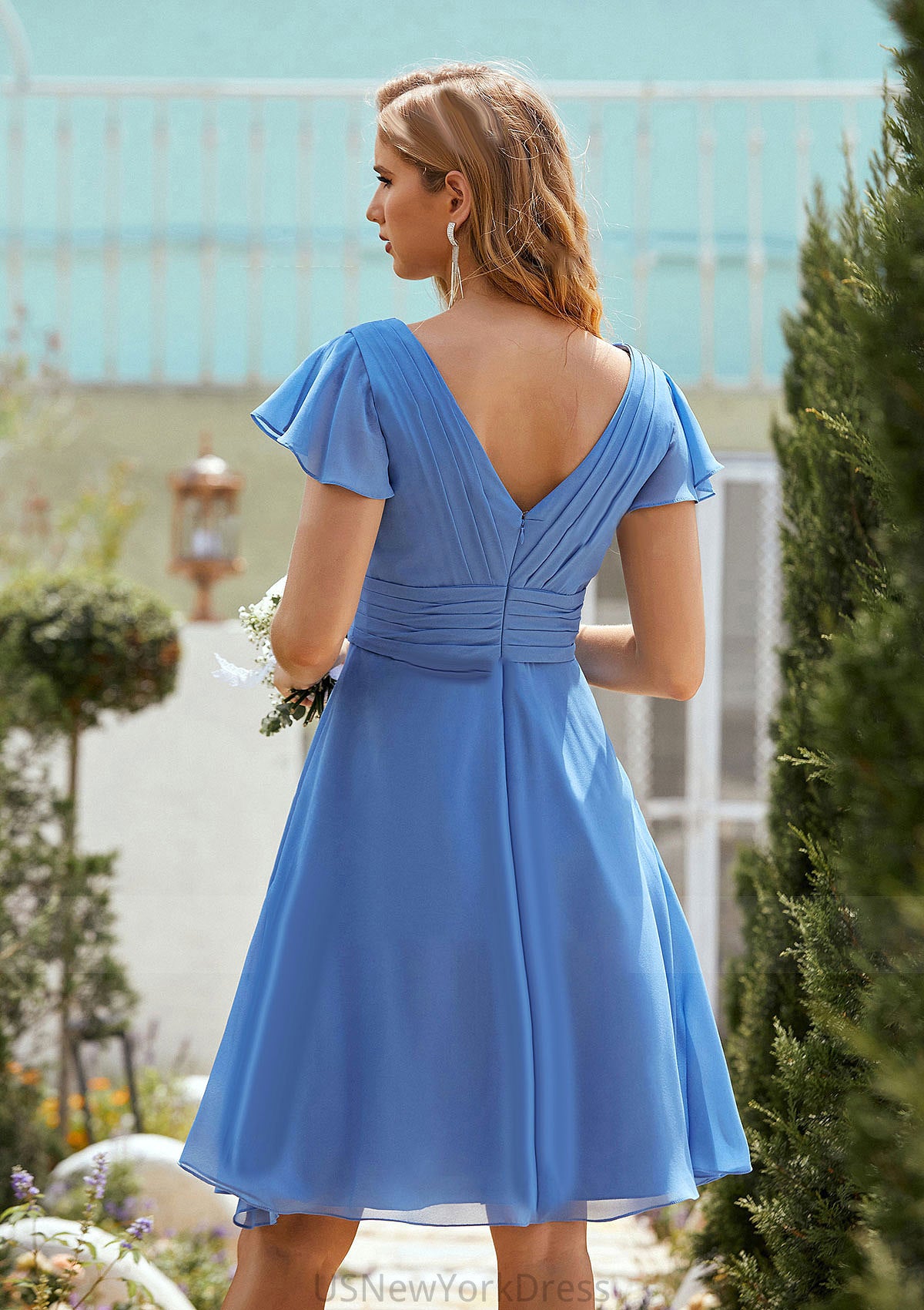 A-line V Neck Short Sleeve Chiffon Short/Mini Bridesmaid Dresses With Pleated Shea DJP0025614