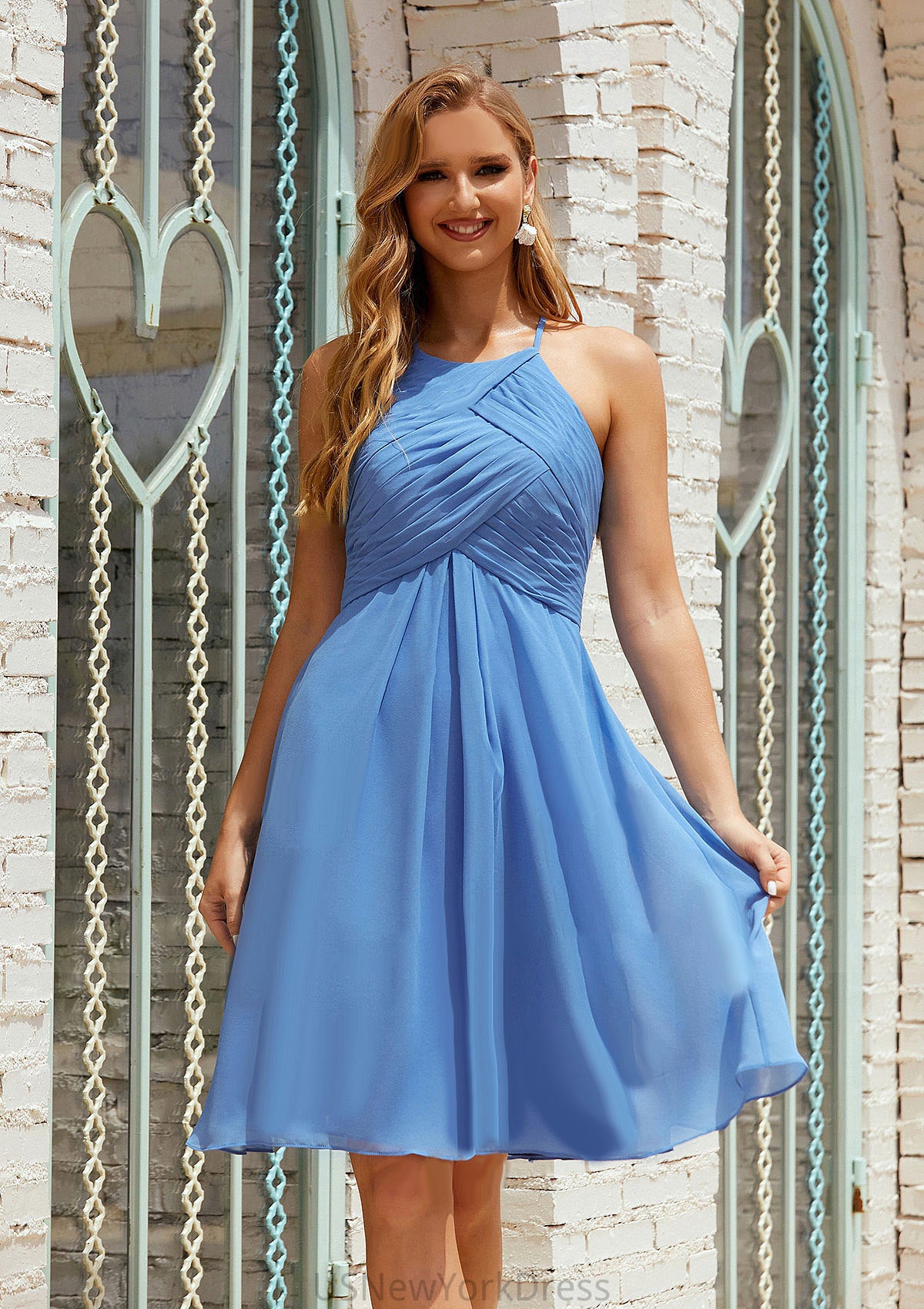 Empire A-line Halter Chiffon Short/Mini Bridesmaid Dresses With Pleated Meredith DJP0025615