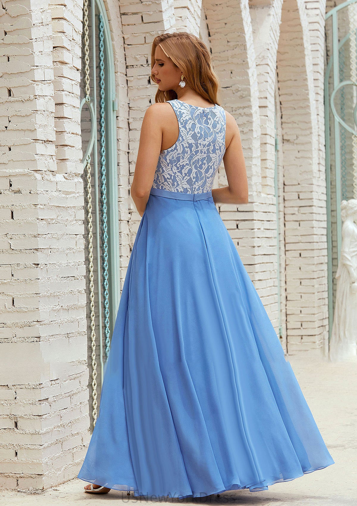 A-line Scoop Neck Sleeveless Chiffon Long/Floor-Length Bridesmaid Dresses With Pockets Lace Cora DJP0025616