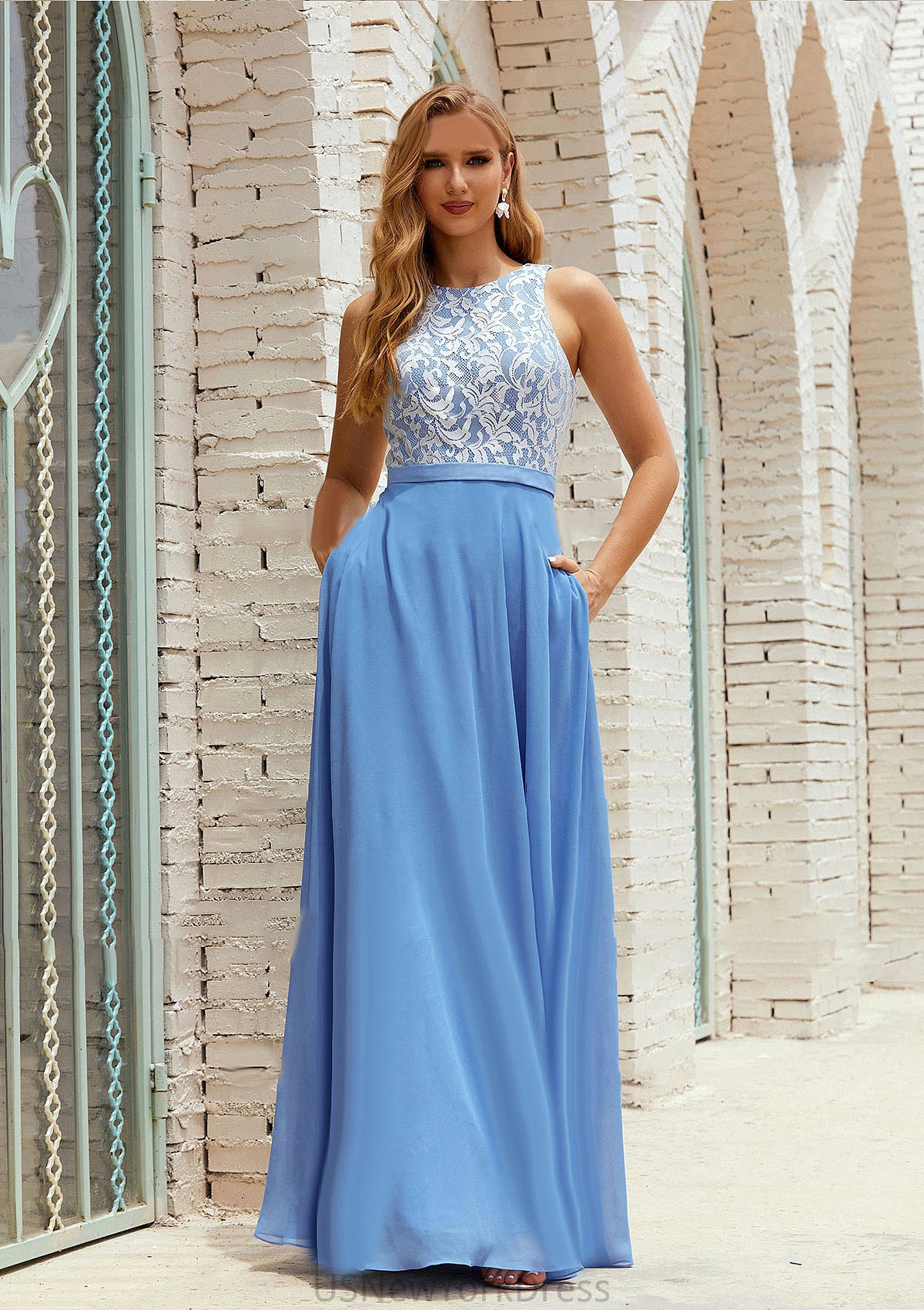 A-line Scoop Neck Sleeveless Chiffon Long/Floor-Length Bridesmaid Dresses With Pockets Lace Cora DJP0025616