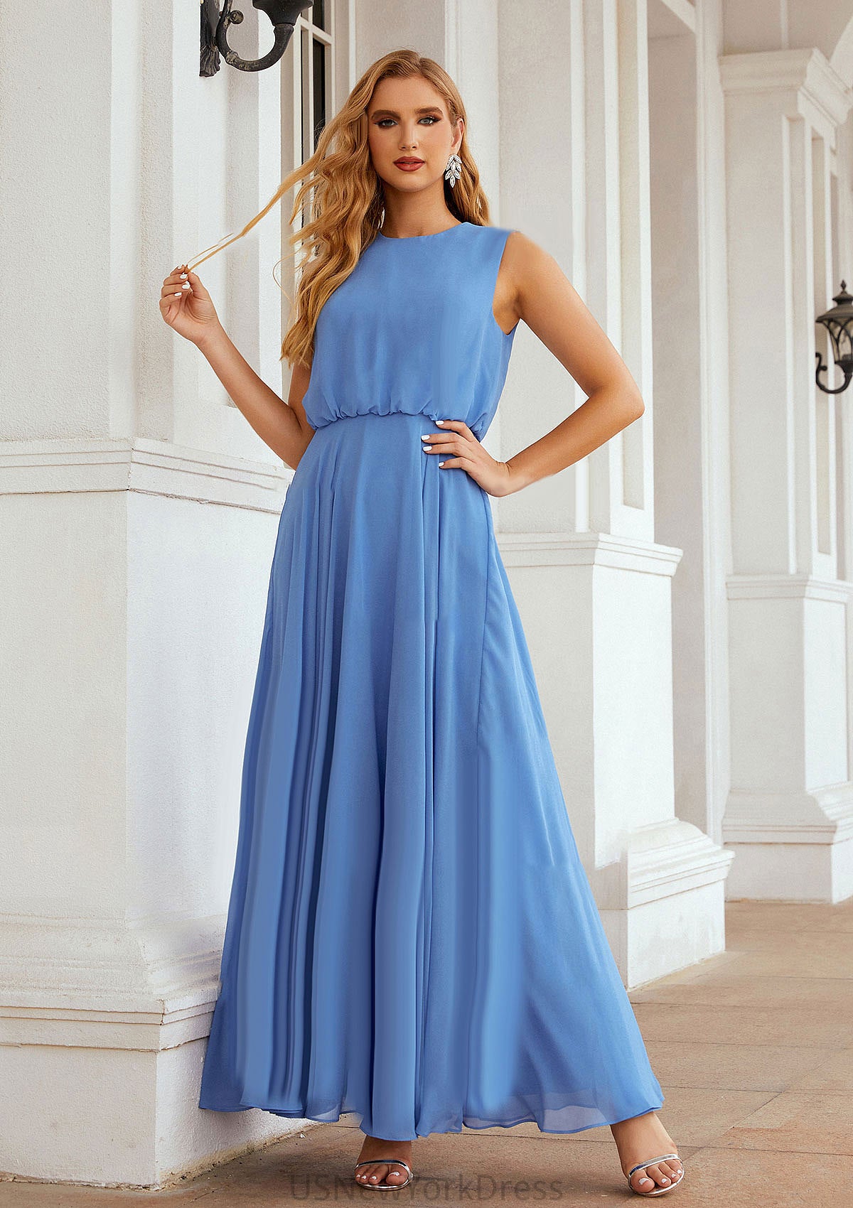 A-line Scoop Neck Sleeveless Chiffon Long/Floor-Length Bridesmaid Dresses Yuliana DJP0025618