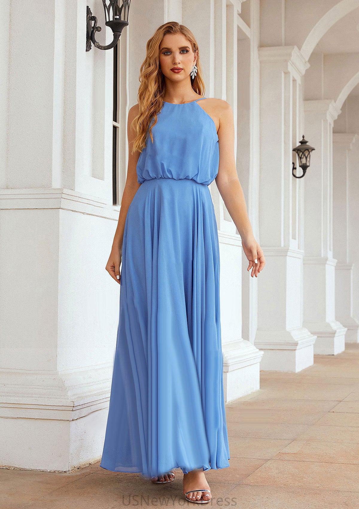 A-line Halter Sleeveless Chiffon Long/Floor-Length Bridesmaid Dresses With Pleated Gwen DJP0025621