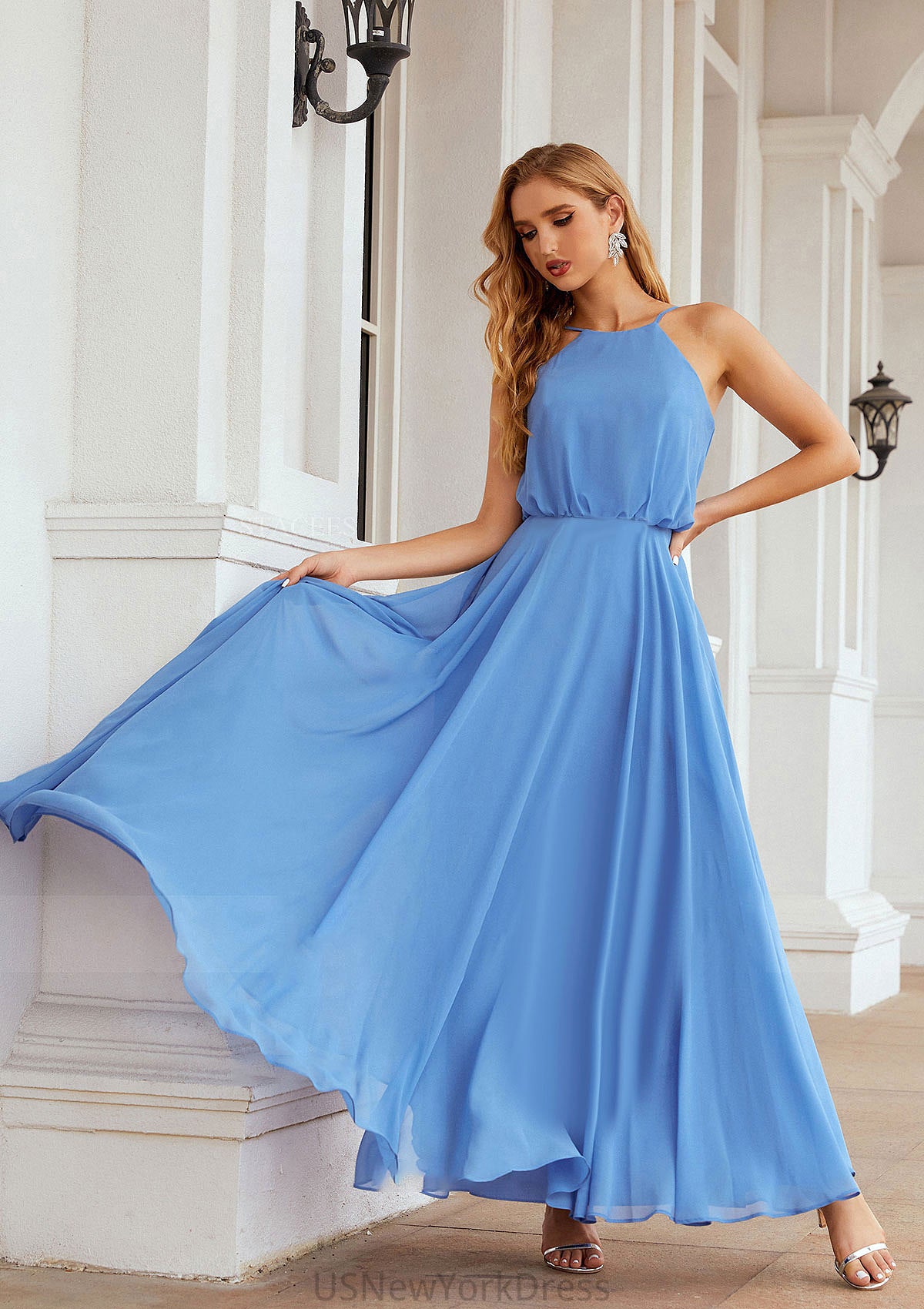 A-line Halter Sleeveless Chiffon Long/Floor-Length Bridesmaid Dresses With Pleated Gwen DJP0025621