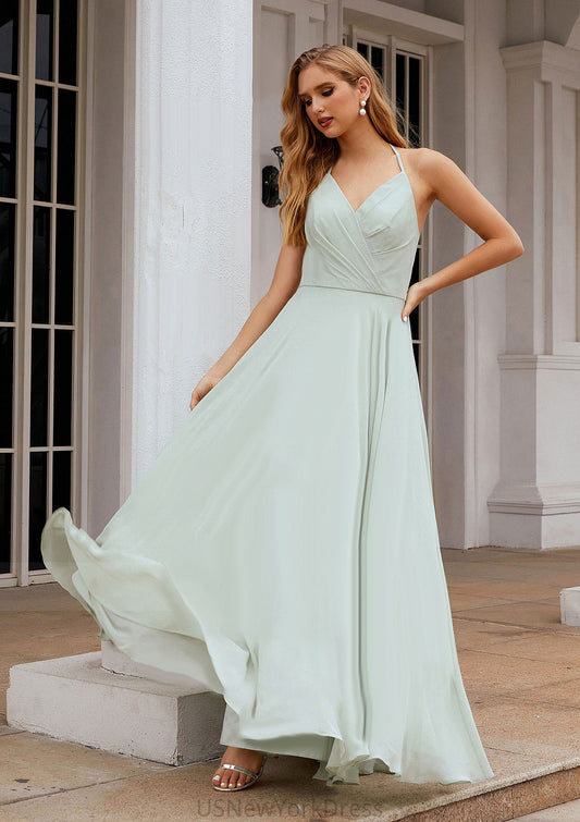 A-line Halter Sleeveless Chiffon Long/Floor-Length Bridesmaid Dresses With Pleated Ruffles Everleigh DJP0025623