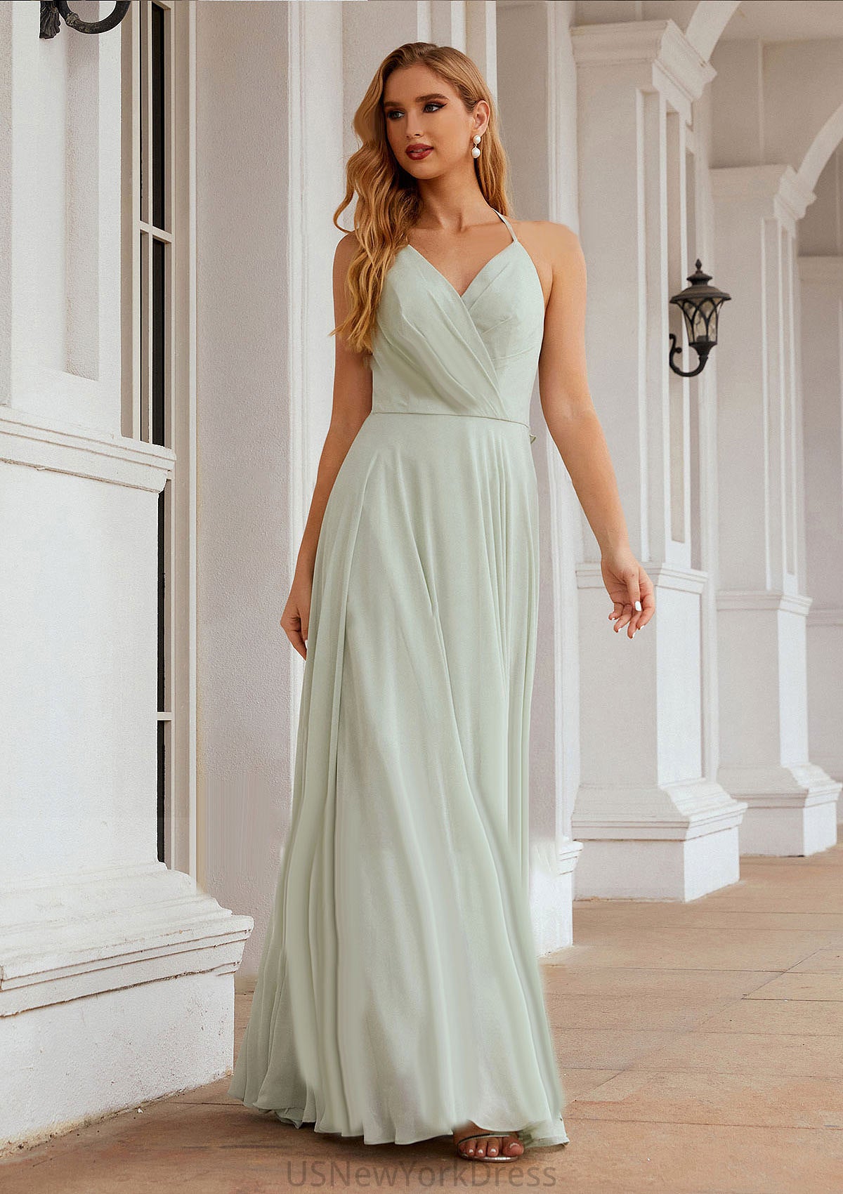 A-line Halter Sleeveless Chiffon Long/Floor-Length Bridesmaid Dresses With Pleated Ruffles Everleigh DJP0025623