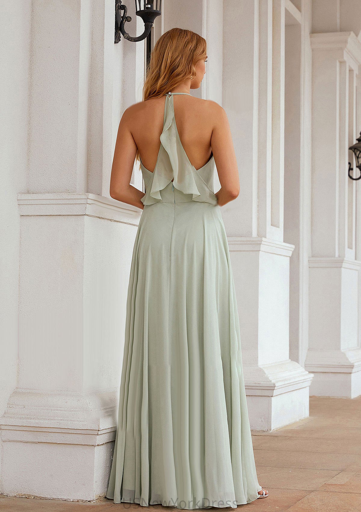 A-line Halter Sleeveless Chiffon Long/Floor-Length Bridesmaid Dresses With Pleated Ruffles Everleigh DJP0025623