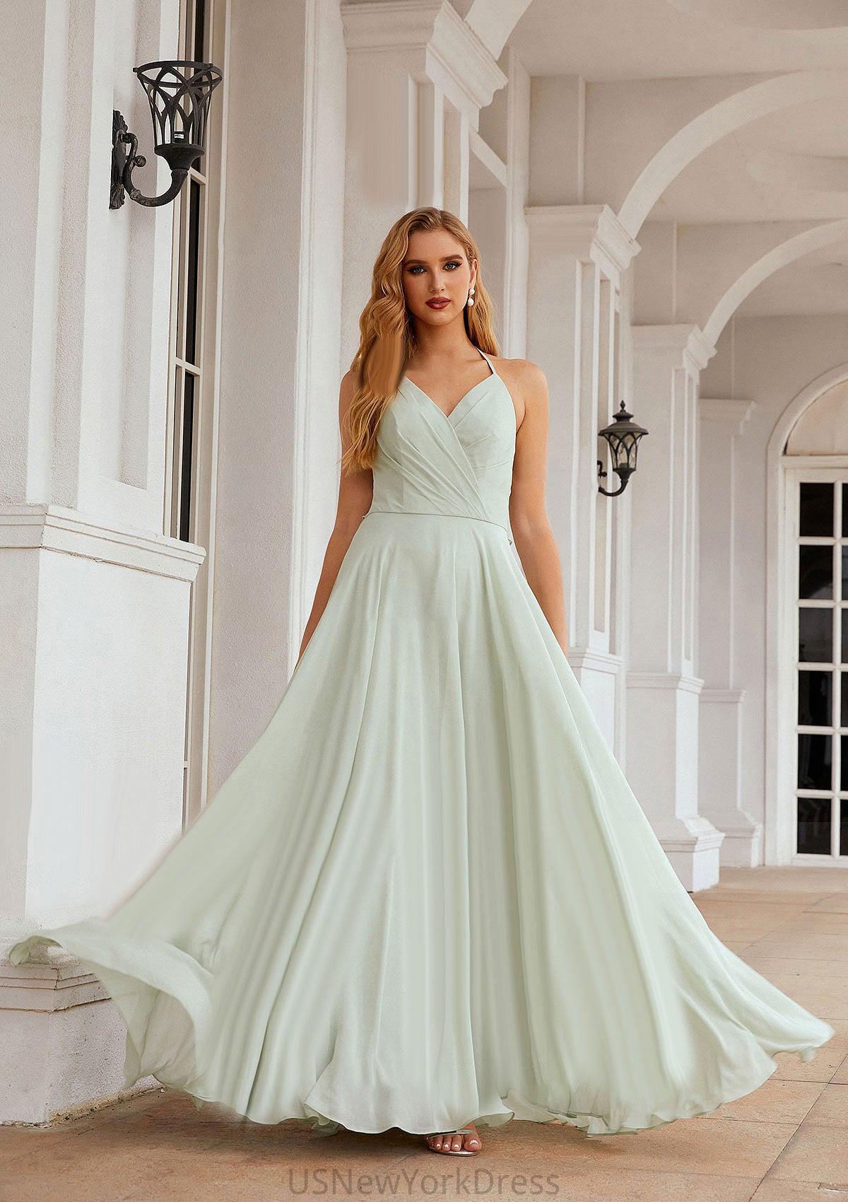 A-line Halter Sleeveless Chiffon Long/Floor-Length Bridesmaid Dresses With Pleated Ruffles Everleigh DJP0025623