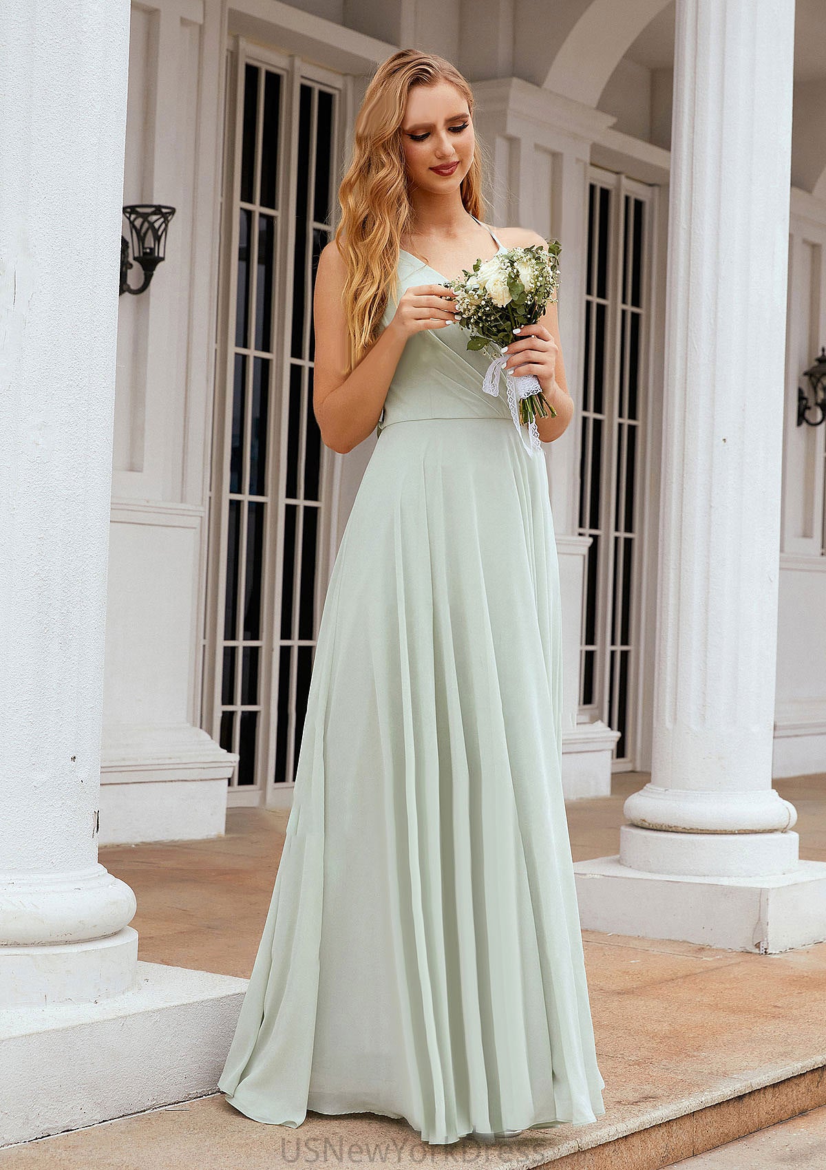 A-line Halter Sleeveless Chiffon Long/Floor-Length Bridesmaid Dresses With Pleated Ruffles Everleigh DJP0025623