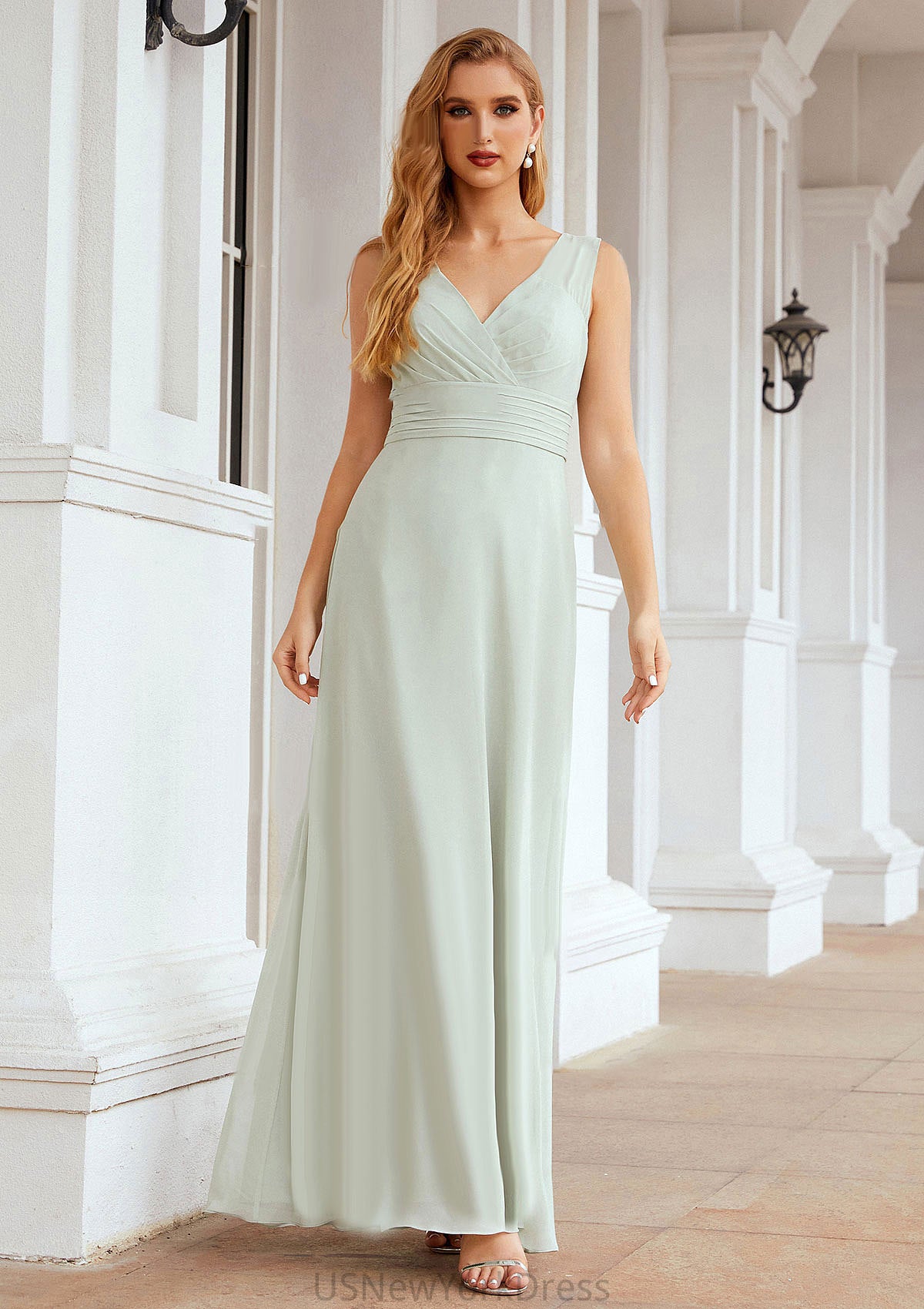 A-line V Neck Long/Floor-Length Chiffon Bridesmaid Dresses With Pleated Mariela DJP0025625