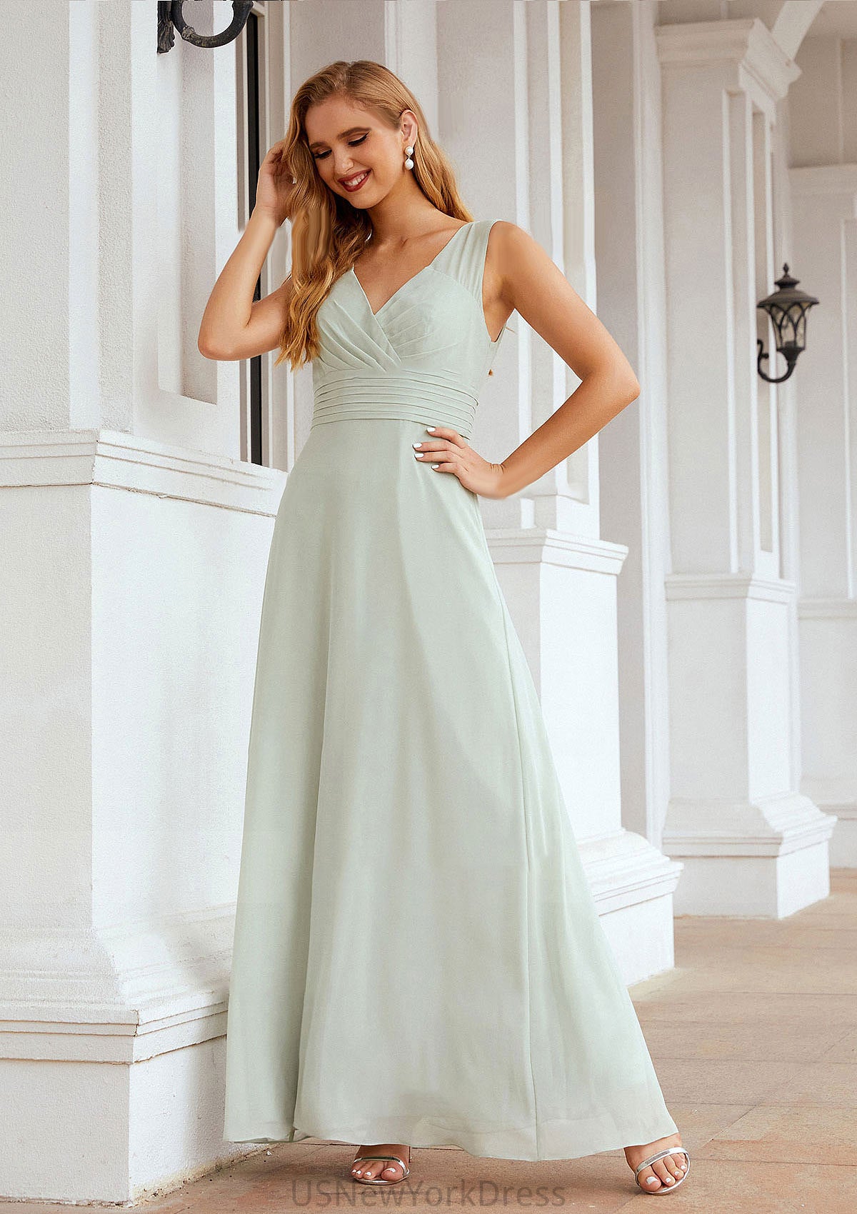 A-line V Neck Long/Floor-Length Chiffon Bridesmaid Dresses With Pleated Mariela DJP0025625