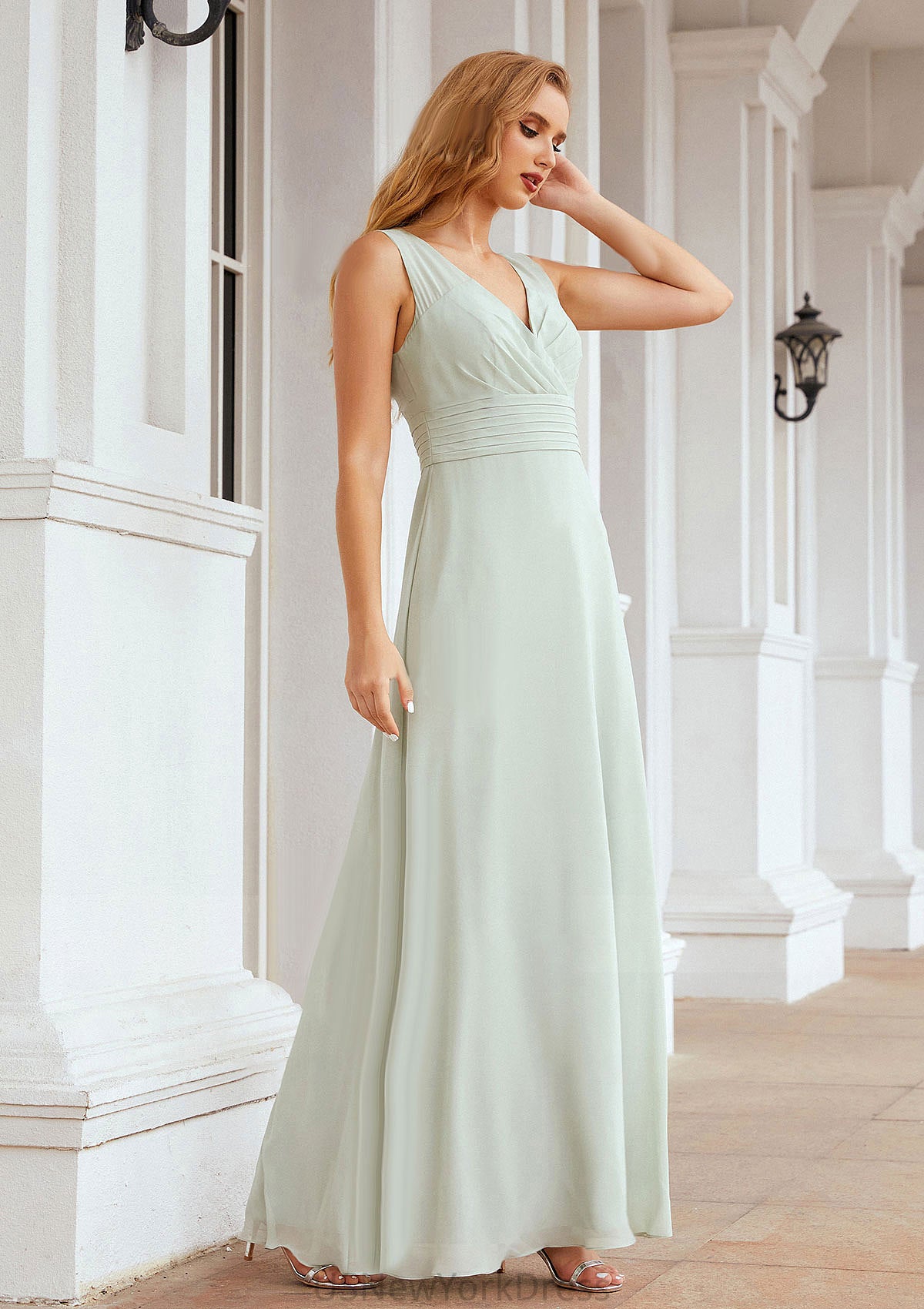 A-line V Neck Long/Floor-Length Chiffon Bridesmaid Dresses With Pleated Mariela DJP0025625