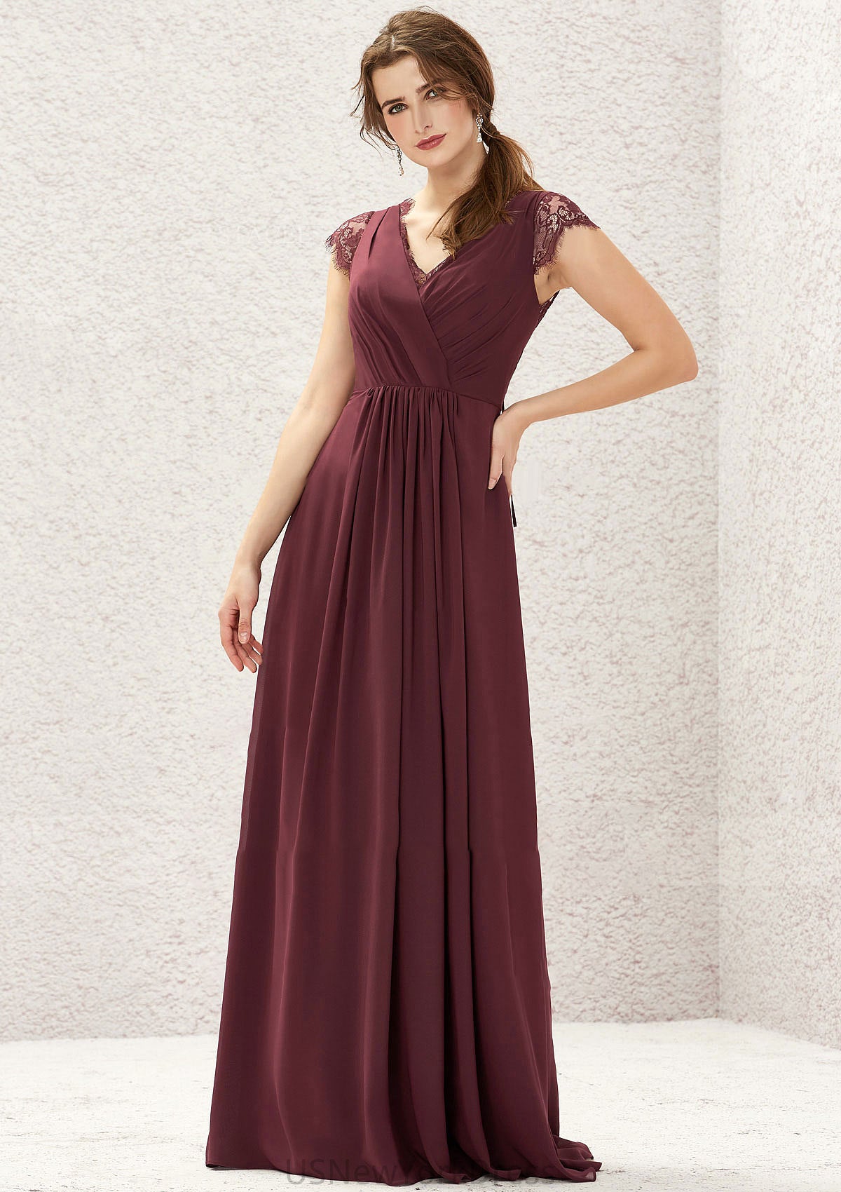 A-line V Neck Sleeveless Chiffon Long/Floor-Length Bridesmaid Dresses With Pleated Lace Janiya DJP0025627