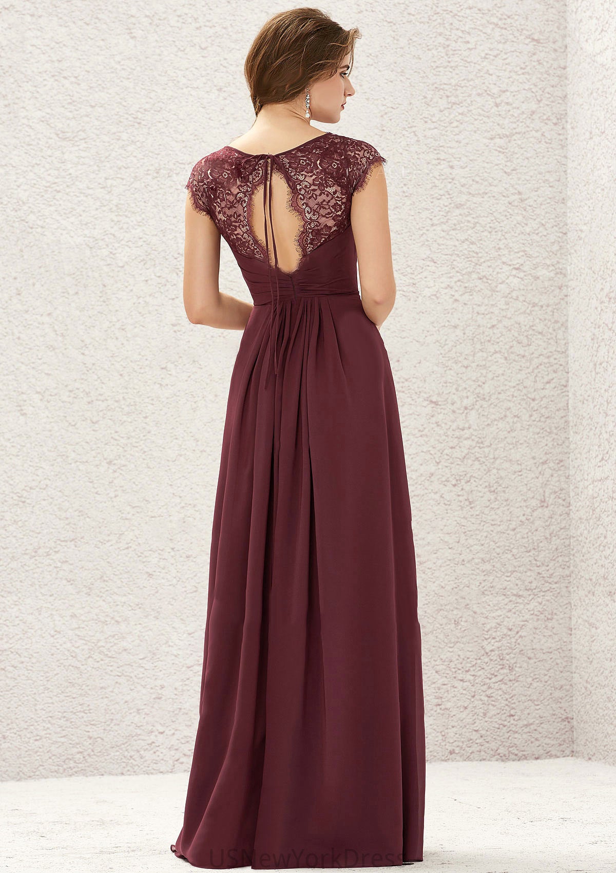 A-line V Neck Sleeveless Chiffon Long/Floor-Length Bridesmaid Dresses With Pleated Lace Janiya DJP0025627