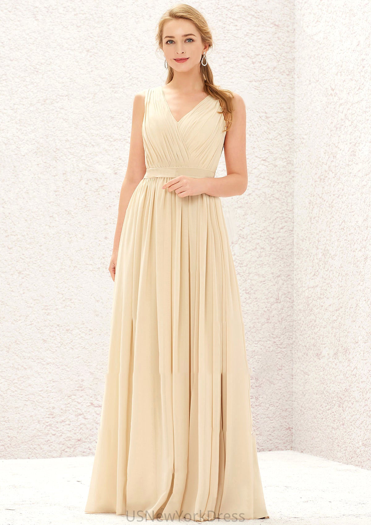 A-line V Neck Sleeveless Chiffon Long/Floor-Length Bridesmaid Dresses With Appliqued Sashes Pleated Viv DJP0025630