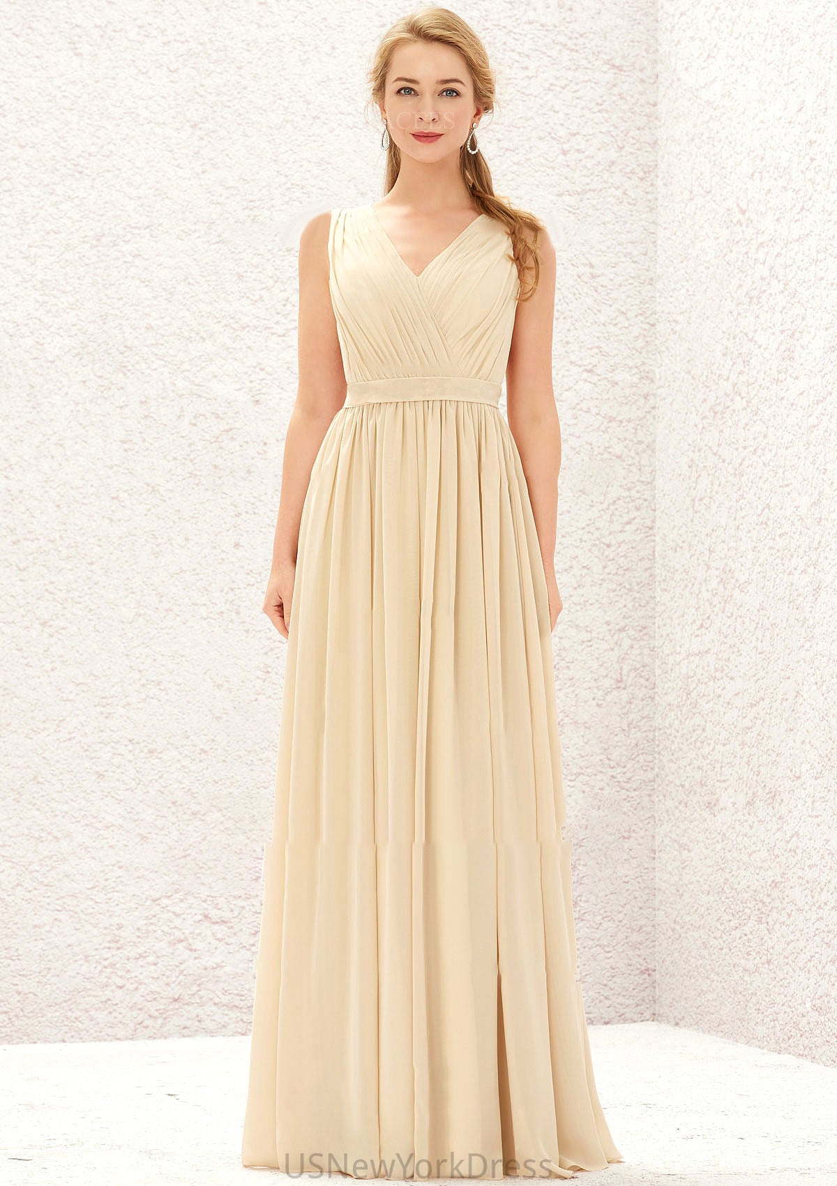 A-line V Neck Sleeveless Chiffon Long/Floor-Length Bridesmaid Dresses With Appliqued Sashes Pleated Viv DJP0025630