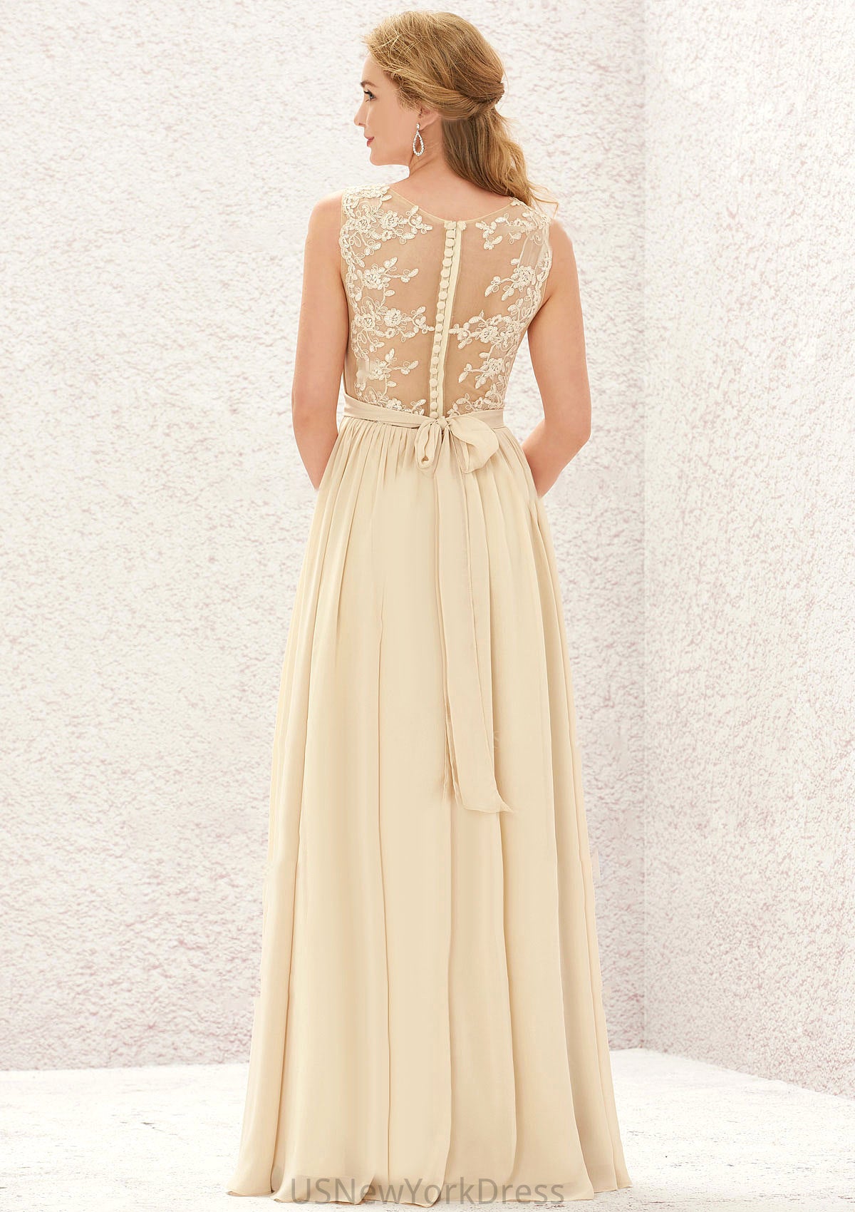 A-line V Neck Sleeveless Chiffon Long/Floor-Length Bridesmaid Dresses With Appliqued Sashes Pleated Viv DJP0025630