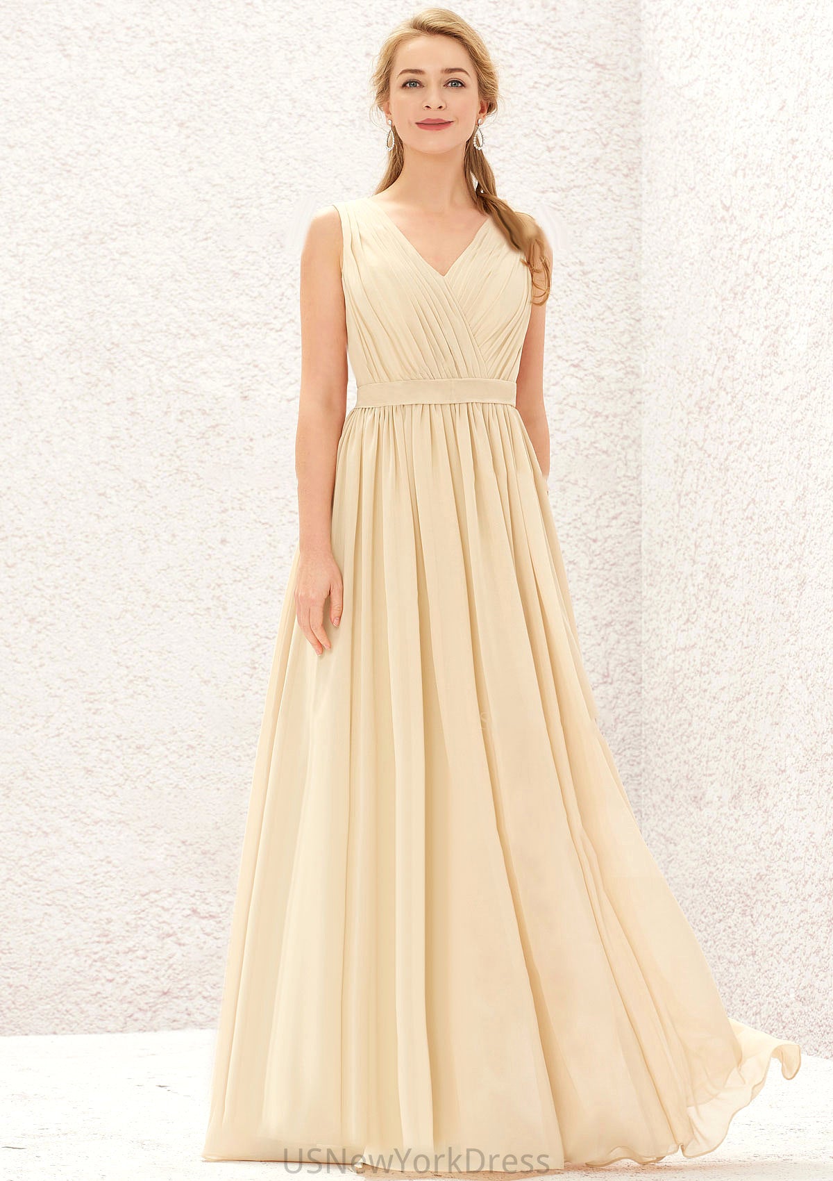 A-line V Neck Sleeveless Chiffon Long/Floor-Length Bridesmaid Dresses With Appliqued Sashes Pleated Viv DJP0025630