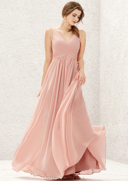 A-line V Neck Sleeveless Chiffon Long/Floor-Length Bridesmaid Dresses With Pleated Lauren DJP0025632