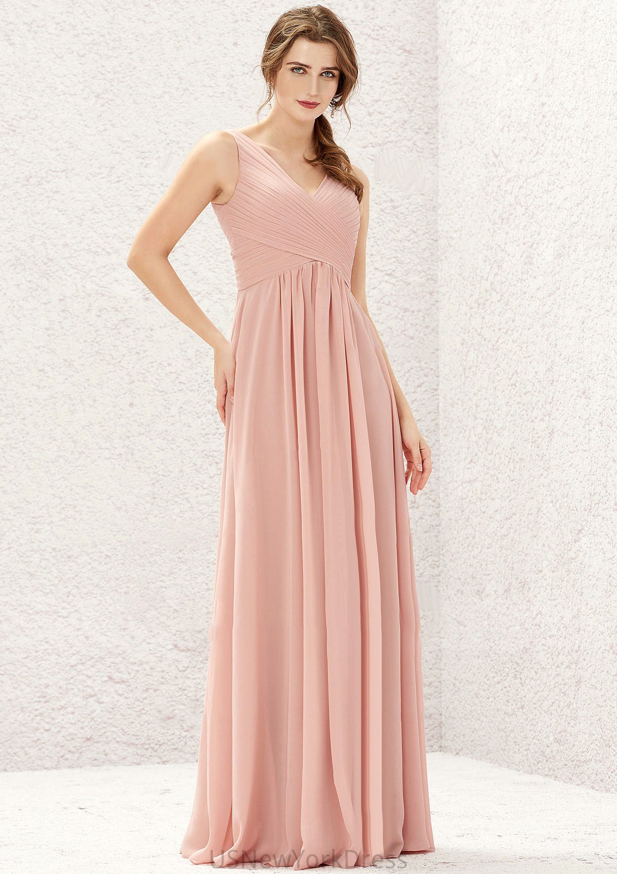 A-line V Neck Sleeveless Chiffon Long/Floor-Length Bridesmaid Dresses With Pleated Lauren DJP0025632