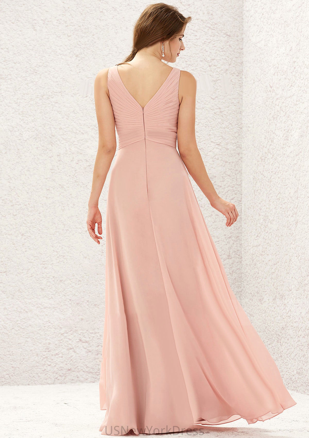 A-line V Neck Sleeveless Chiffon Long/Floor-Length Bridesmaid Dresses With Pleated Lauren DJP0025632