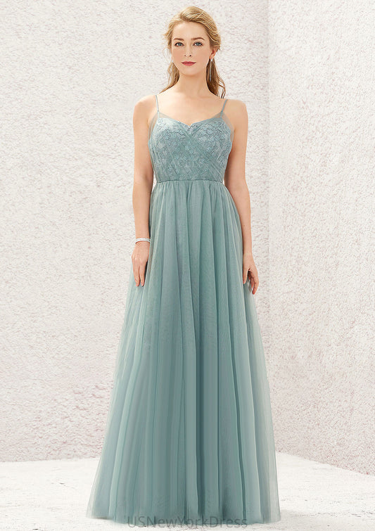 Princess A-line V Neck Sleeveless Tulle Long/Floor-Length Bridesmaid Dresses With Pleated Appliqued Martina DJP0025633