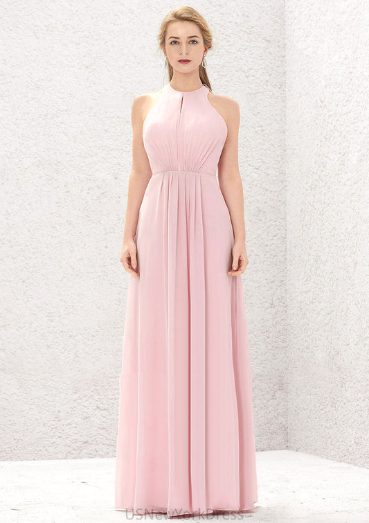 A-line Halter Sleeveless Chiffon Long/Floor-Length Bridesmaid Dresses With Pleated Ella DJP0025634