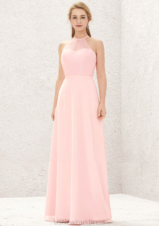 A-line Halter Sleeveless Chiffon Long/Floor-Length Bridesmaid Dresses Pamela DJP0025635