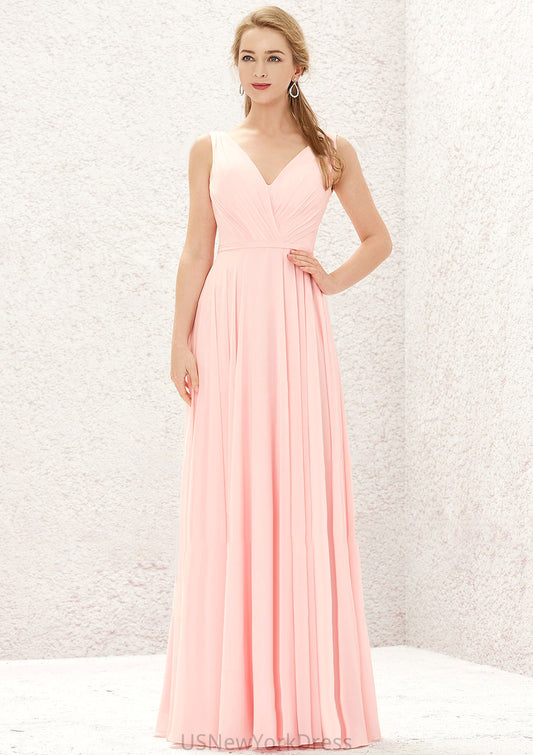 A-line V Neck Sleeveless Chiffon Long/Floor-Length Bridesmaid Dresses With Pleated Kaley DJP0025637