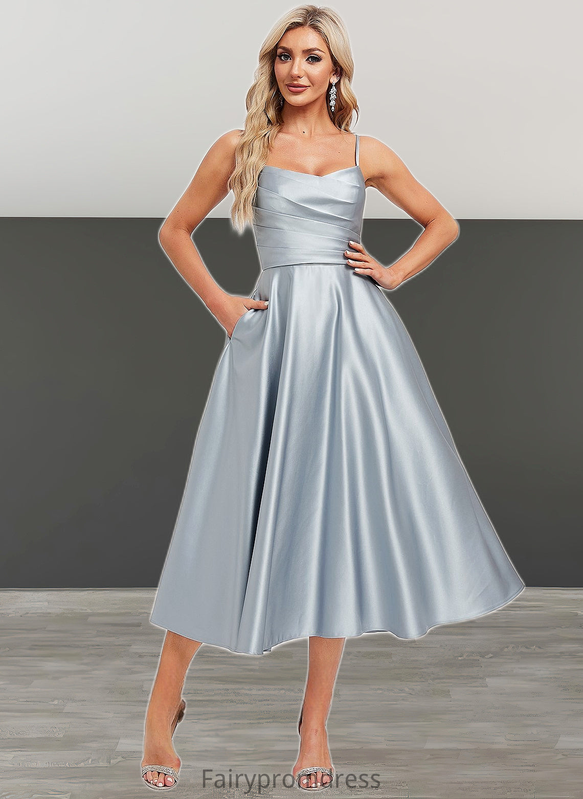 Sydnee A-line V-Neck Tea-Length Satin Bridesmaid Dress DJP0025794