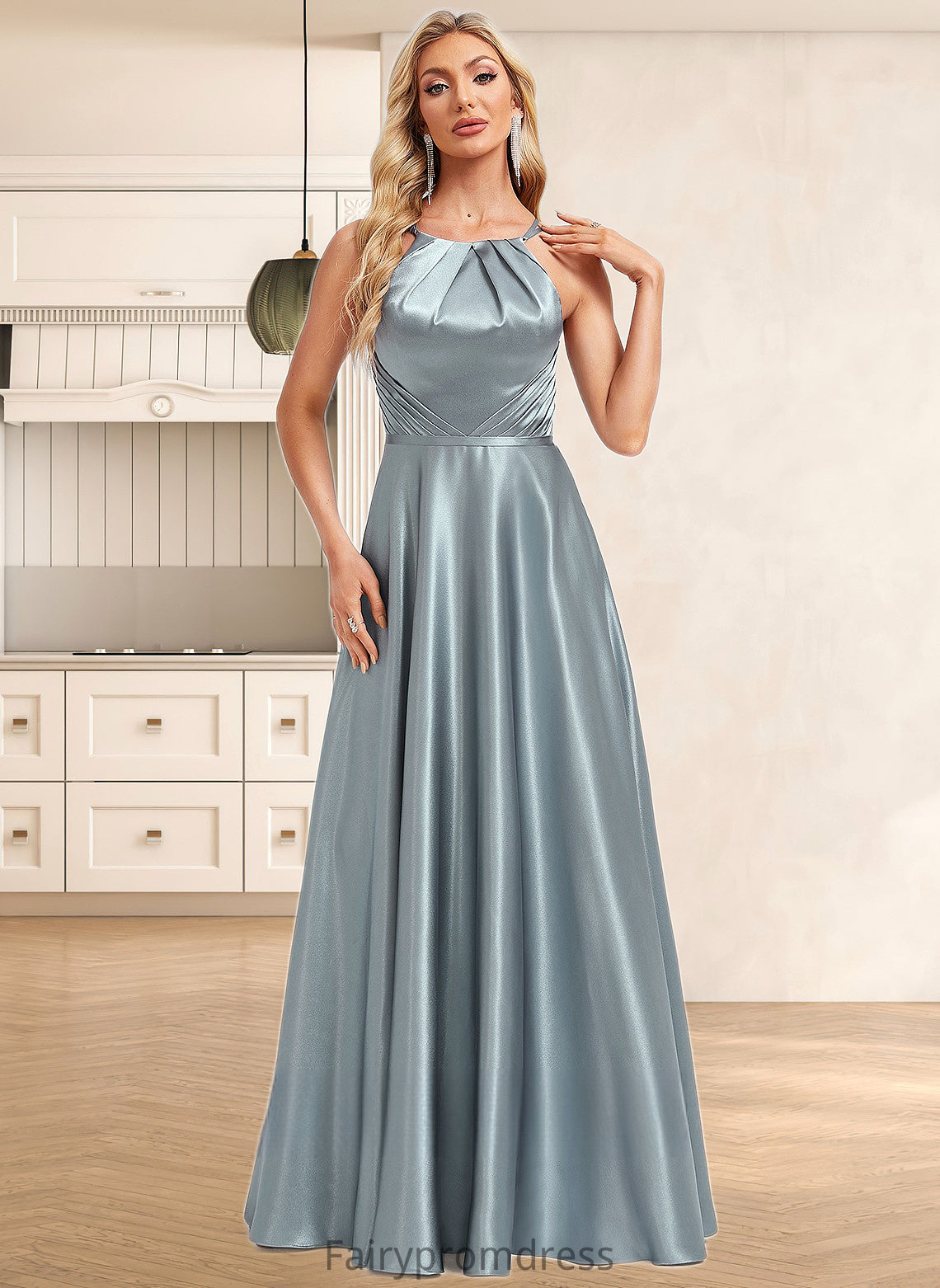 Mira A-line Halter Floor-Length Stretch Satin Bridesmaid Dress DJP0025783