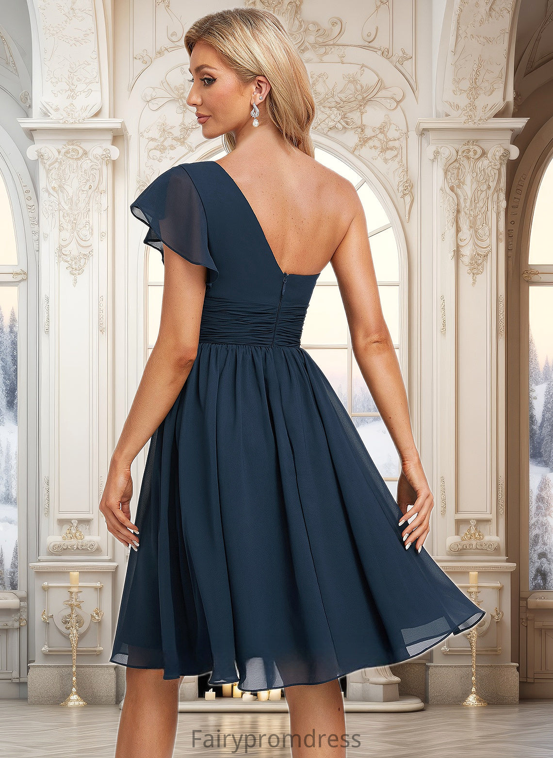 Gretchen A-line One Shoulder Knee-Length Chiffon Homecoming Dress With Ruffle DJP0025722