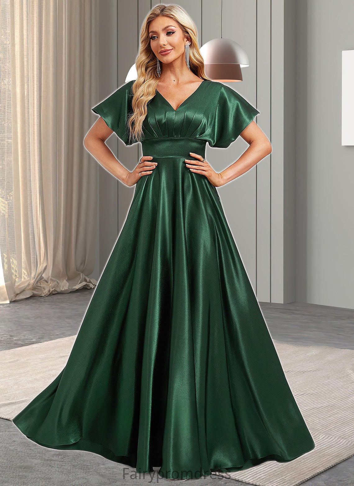 Hadassah A-line V-Neck Floor-Length Stretch Satin Bridesmaid Dress DJP0025782