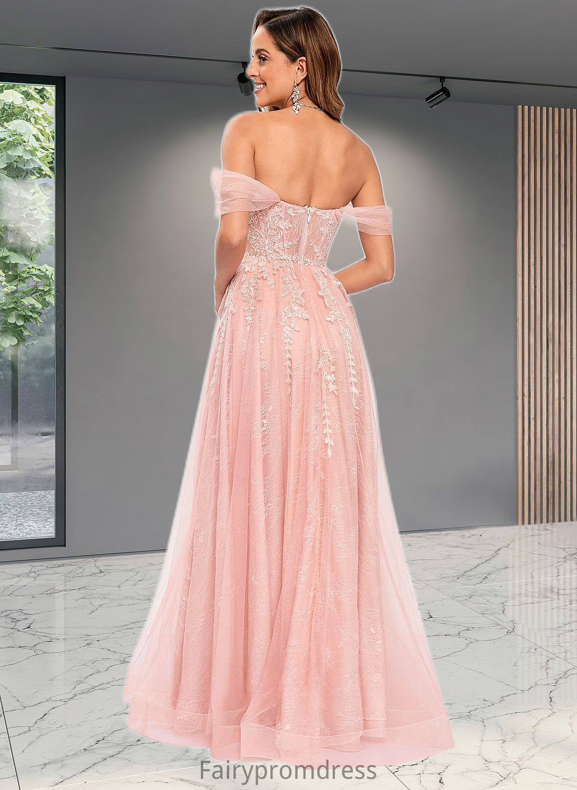 Gwendolyn A-line Sweetheart Off the Shoulder Floor-Length Tulle Floral Lace Prom Dresses With Appliques Lace DJP0025870