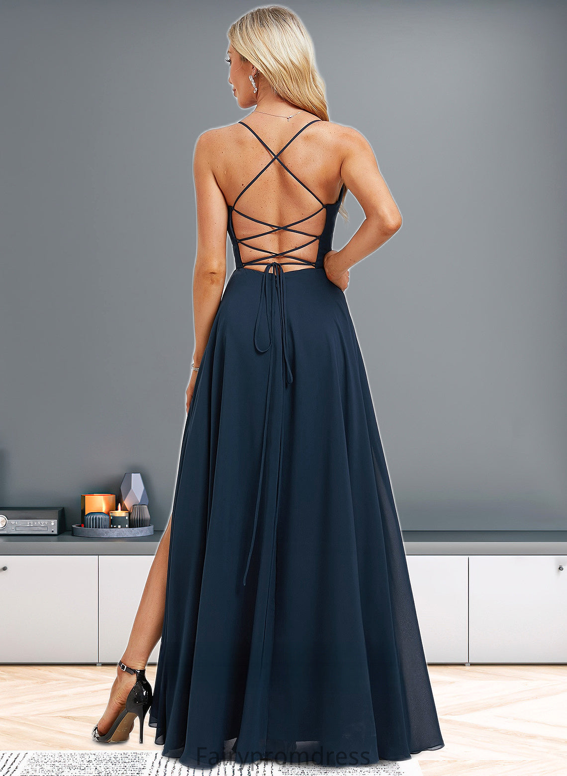 Lilian A-line V-Neck Floor-Length Chiffon Prom Dresses With Pleated DJP0025830