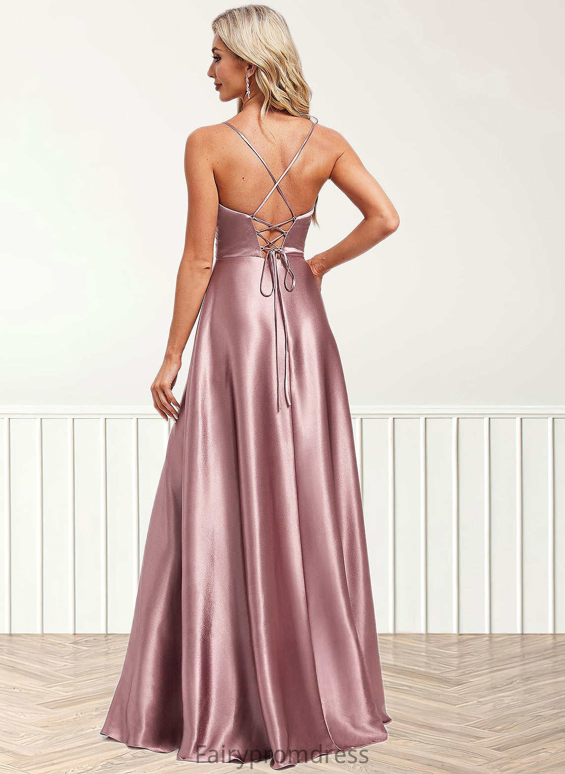 Helena A-line V-Neck Floor-Length Stretch Satin Bridesmaid Dress DJP0025822