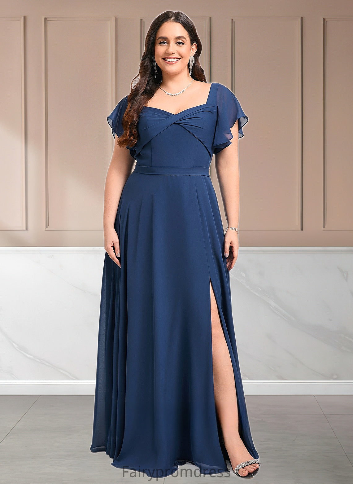 Eileen A-line V-Neck Floor-Length Chiffon Bridesmaid Dress With Ruffle DJP0025802