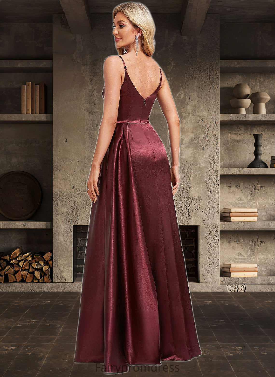 Addyson A-line V-Neck Floor-Length Stretch Satin Bridesmaid Dress With Ruffle DJP0025785