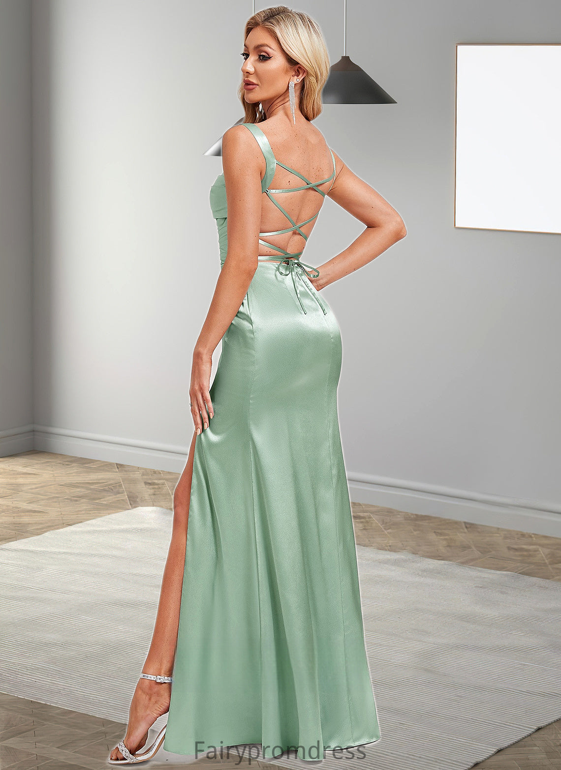 Payton Trumpet/Mermaid Square Floor-Length Stretch Satin Bridesmaid Dress DJP0025784