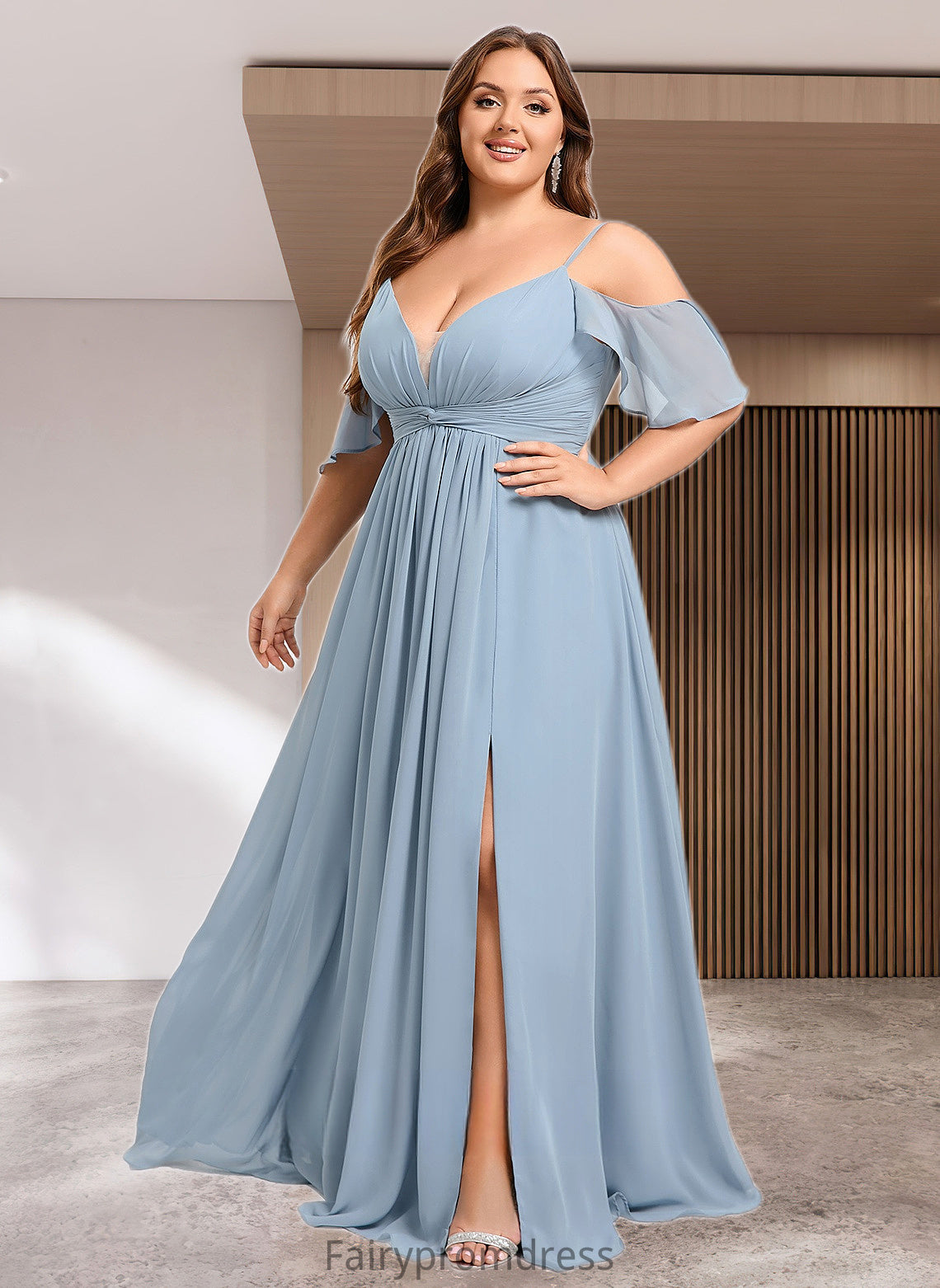 Pam A-line Cold Shoulder Floor-Length Chiffon Bridesmaid Dress With Ruffle DJP0025797