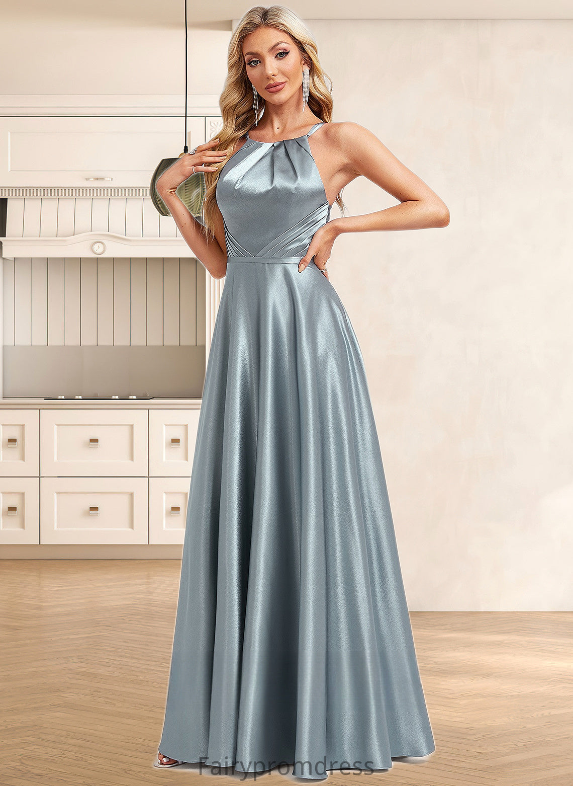 Mira A-line Halter Floor-Length Stretch Satin Bridesmaid Dress DJP0025783